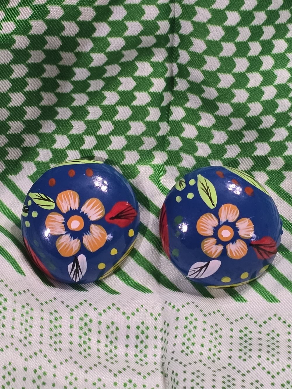 Vintage Hand-Painted Large Floral Wooden Stud Pierced Earrings